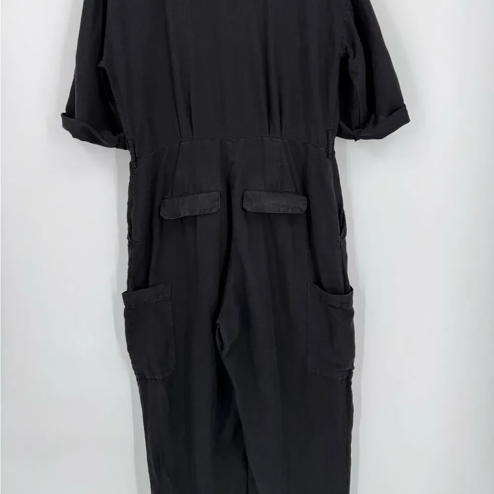 ZARA Linen Blend Button Front Utility Jumpsuit in Black | Medium